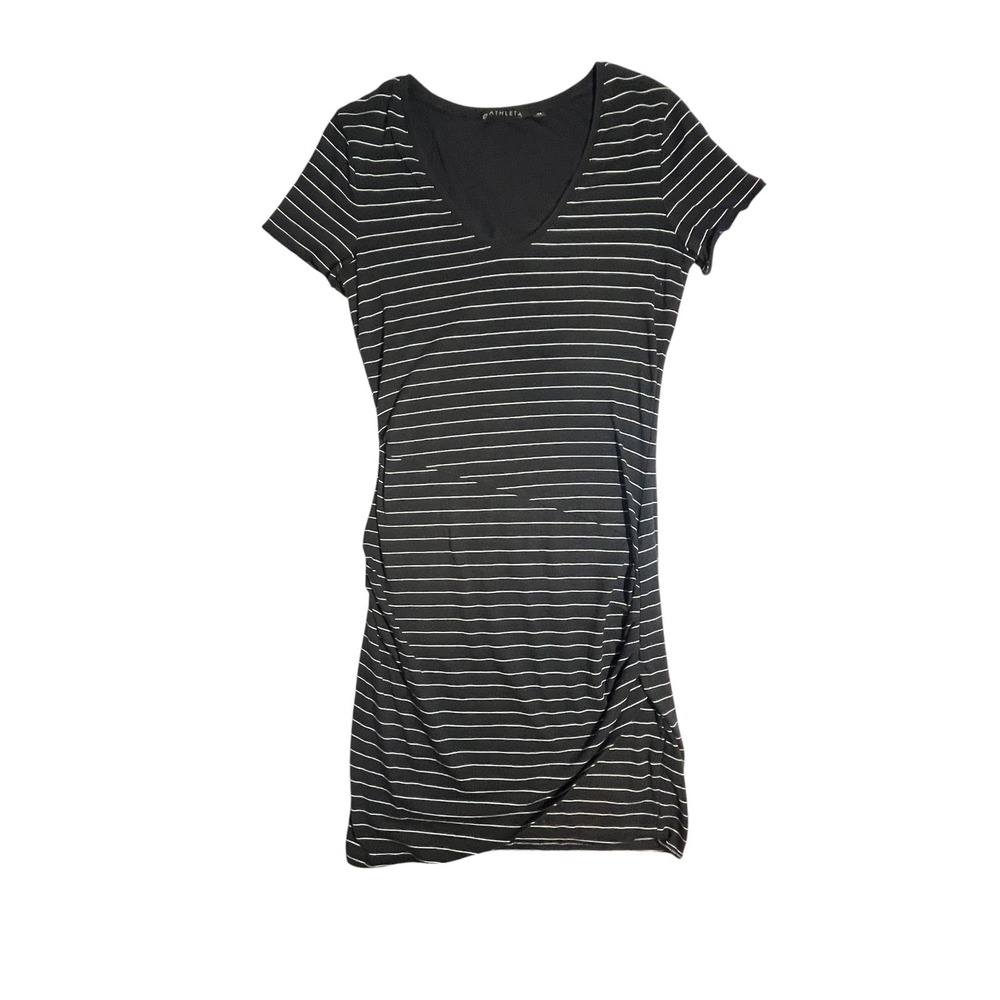 Athleta Women's Striped V Neck Dress‎ XS Ruched Asymmetric Casual Black White